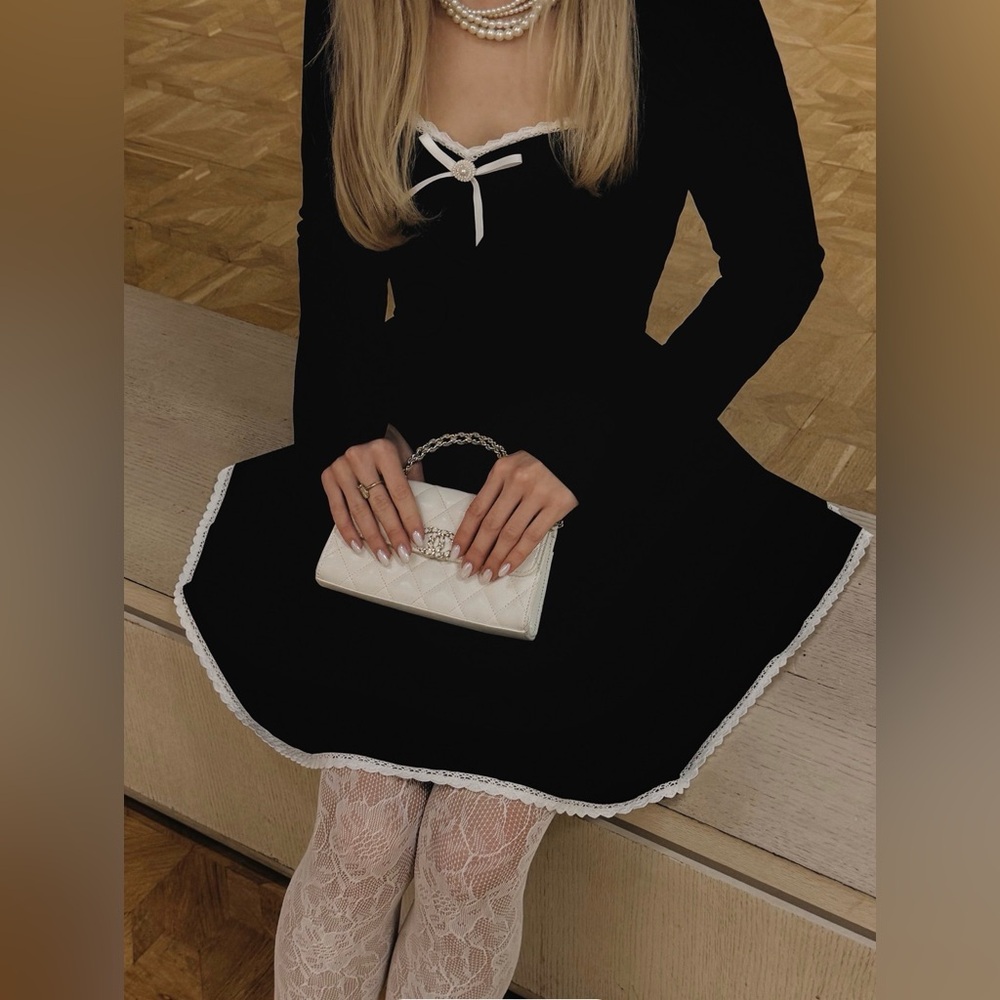 Lichi Black Dress with White Lace Trim Ribbon Bow size Medium